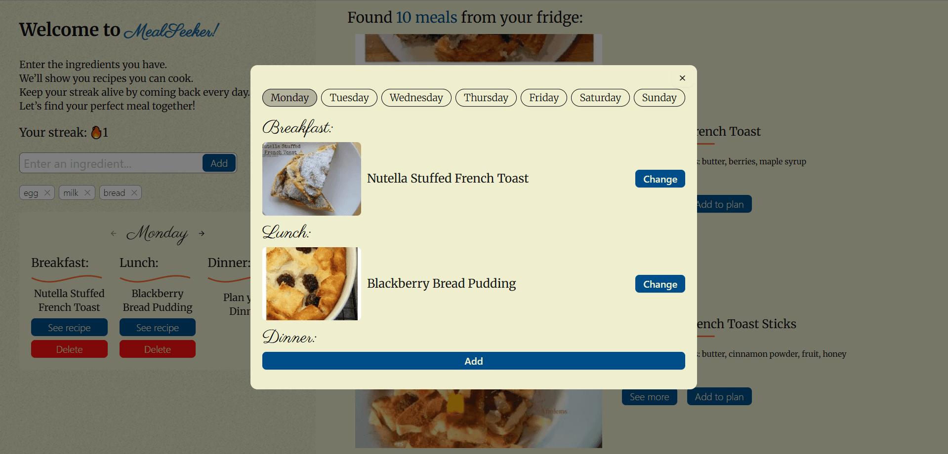 A pop-up to add a meal to a meal plan
